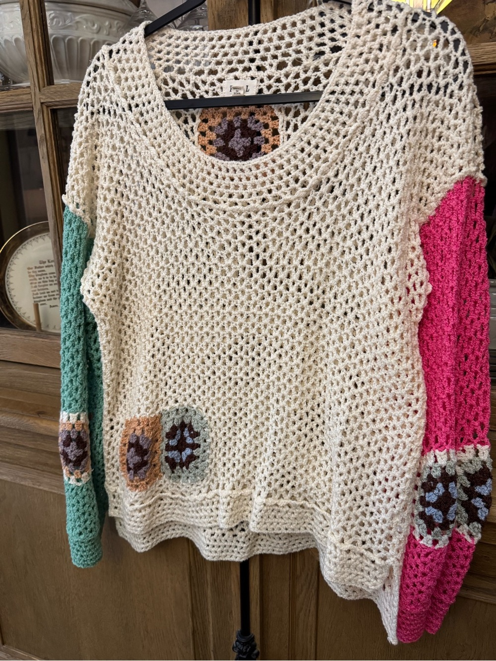 POL Open-Knit Colorblock Scoop Sweater in Cream, Mint & Hot Pink